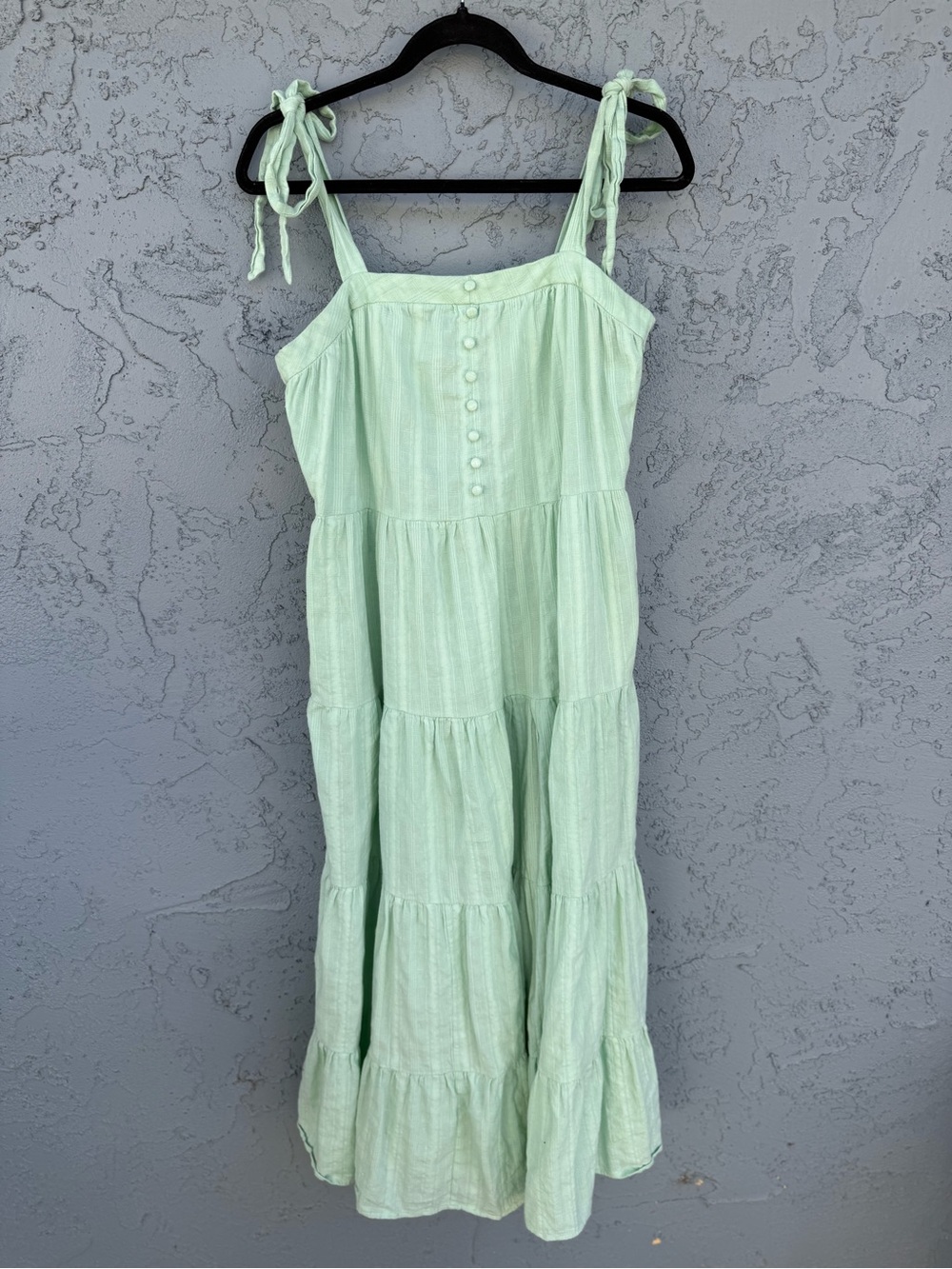 FRNCH Helena Mint Green 100% Textured Cotton Tiered Shoulder Tie Maxi Sundress M